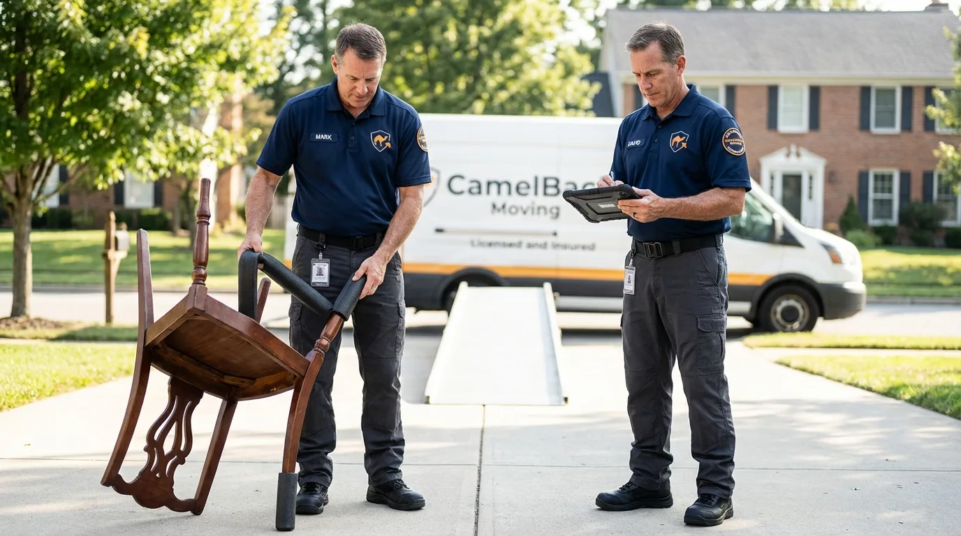 Movers inspecting furniture for damage prevention before loading in Millbrook, NY
