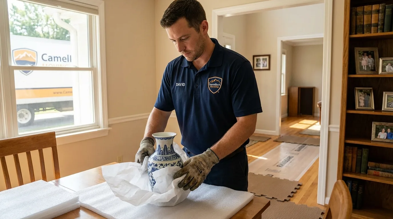 Professional crew carefully wrapping antique vase for senior downsizing move in Millbrook, NY